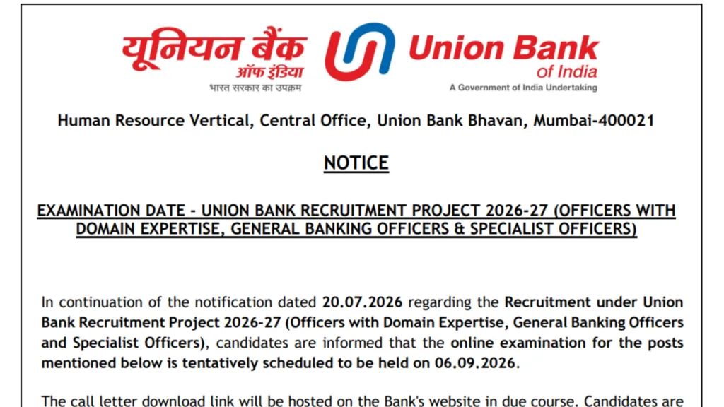 Union Bank of India SO (395 Posts) Exam Date & Admit Card 2026 Released, Check Now
