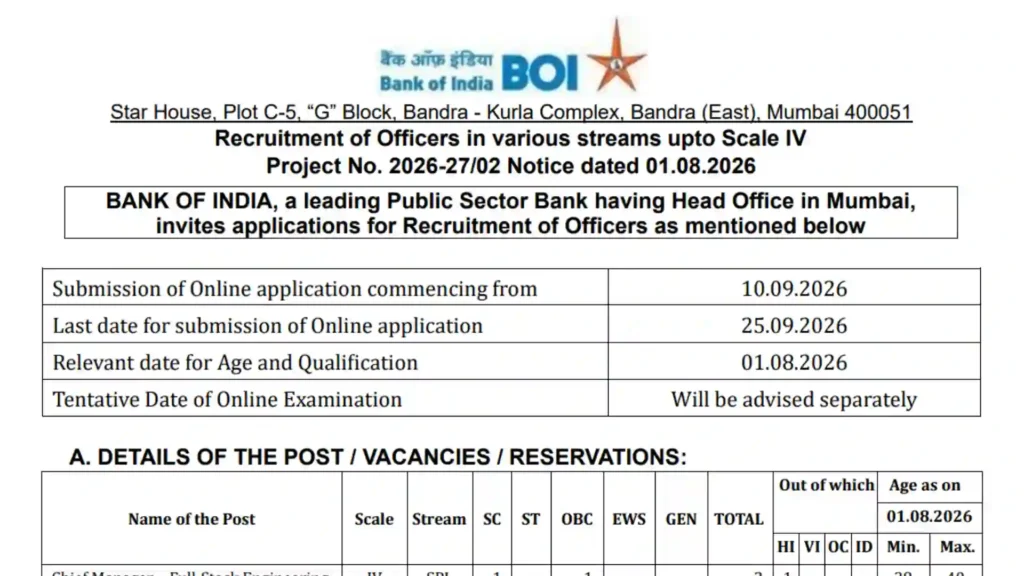 Bank of India Specialist Officer (SO) Recruitment 2026 Notification Released & Apply Online for 205 Posts