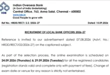 Indian Overseas Bank Local Bank Officer (250 Posts) Exam Date & Admit Card 2026 Released, Check Now