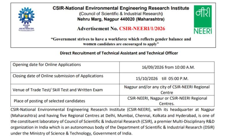 CSIR NEERI Recruitment 2026 Notification Released for Technical Assistant & Technical Officer Posts, Apply Online