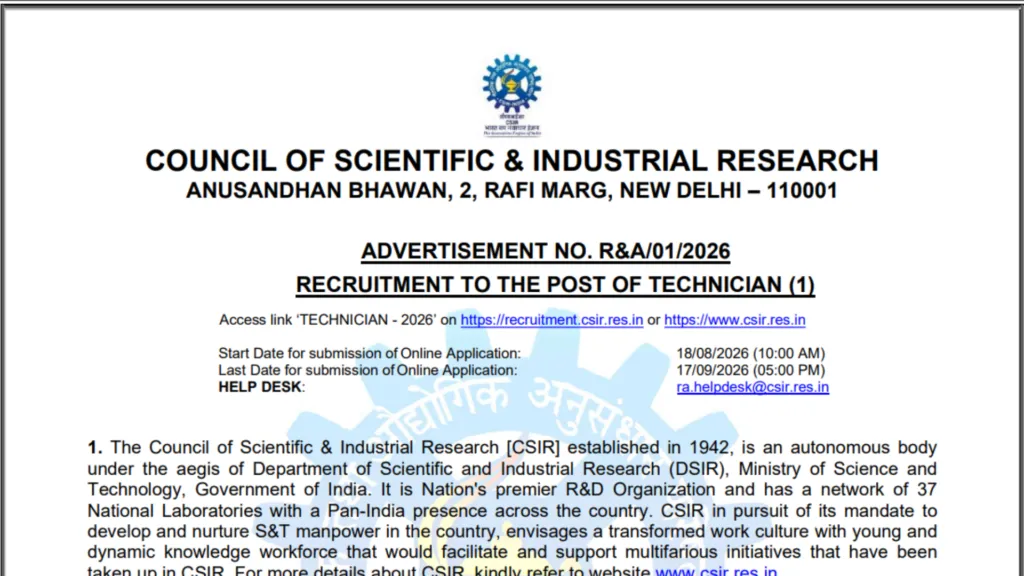 CSIR Technician Recruitment 2026 Notification Released for 43 Posts, Apply Online