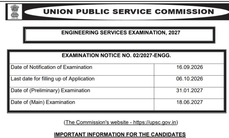 UPSC Engineering Services Examination (ESE) 2027 Notification Released & Apply Online for 480 Posts