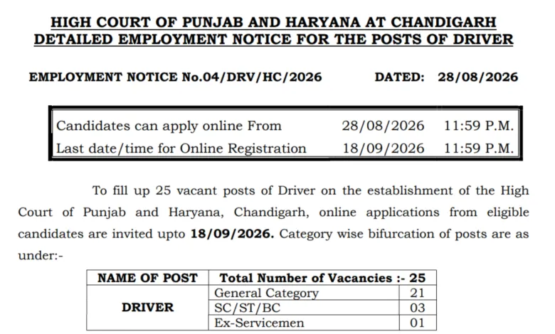 Punjab & Haryana High Court Driver Recruitment 2026 Notification Released & Apply Online