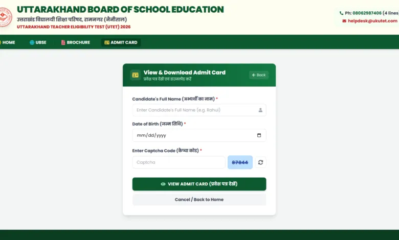 Uttarakhand Teacher Eligibility Test (UTET) 2026 Exam Admit Card Released, Download Link