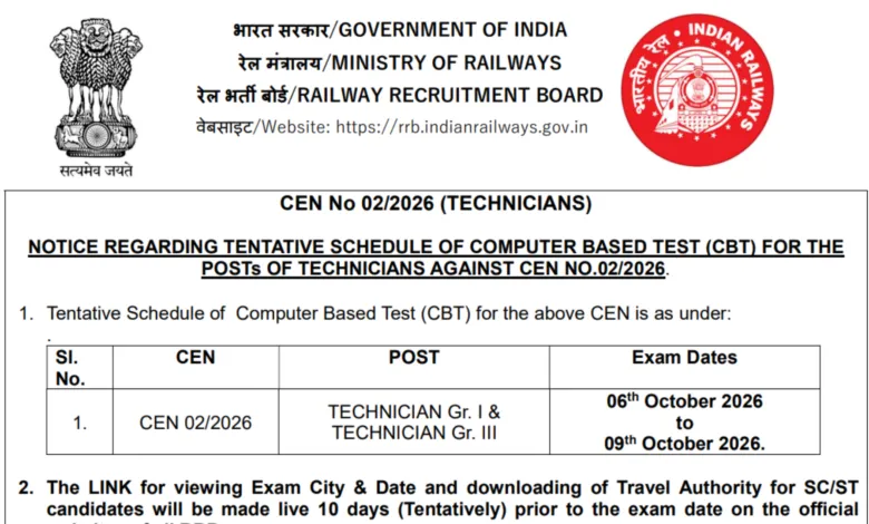 Railway RRB CEN 02/2026 Technician (6565 Posts) Exam Date & Admit Card 2026 Released, Check Now