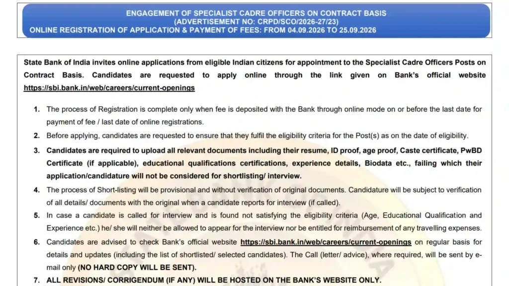 SBI Specialist Cadre Officers (SCO) Recruitment 2026 Notification Released for 207 Posts, Apply Online