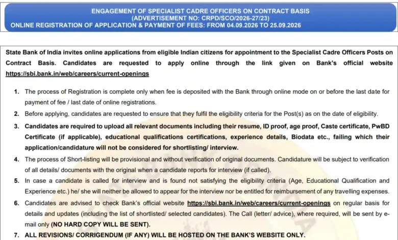 SBI Specialist Cadre Officers (SCO) Recruitment 2026 Notification Released for 207 Posts, Apply Online