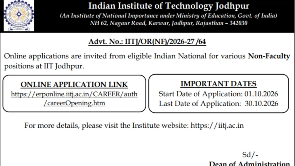 IIT Jodhpur Non-Teaching Recruitment 2026 Notification Released for Various Posts; Apply Online