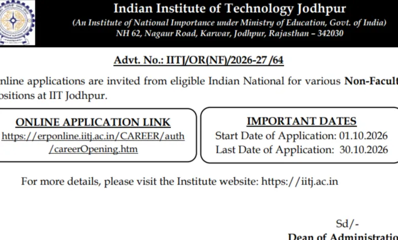 IIT Jodhpur Non-Teaching Recruitment 2026 Notification Released for Various Posts; Apply Online