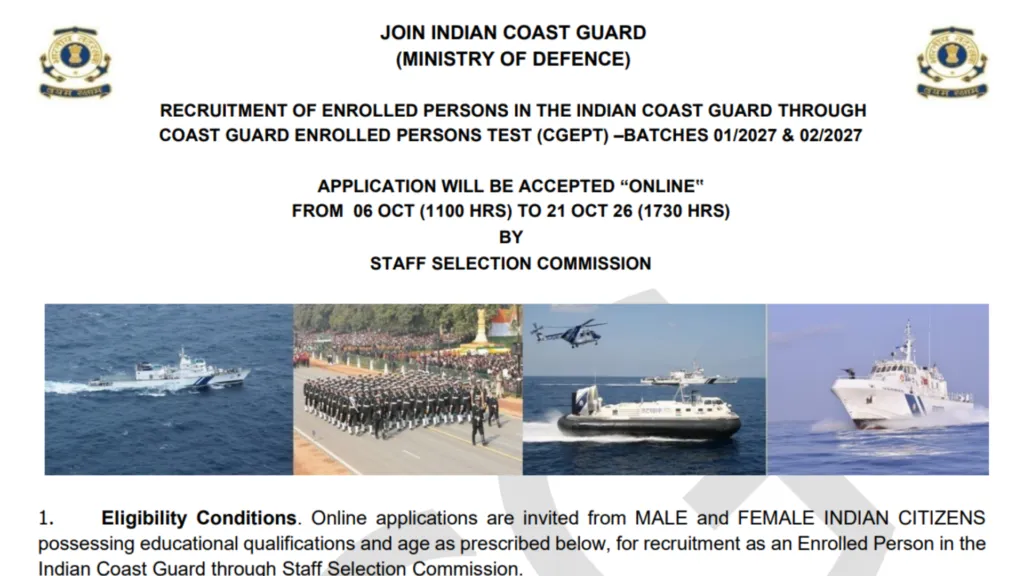 Indian Coast Guard (ICG) Navik/Yantrik CGEPT 01/2027 & 02/2027 Batch Recruitment 2026 Notification Released for 365 Posts; Apply Online
