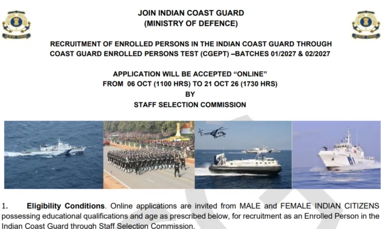 Indian Coast Guard (ICG) Navik/Yantrik CGEPT 01/2027 & 02/2027 Batch Recruitment 2026 Notification Released for 365 Posts; Apply Online