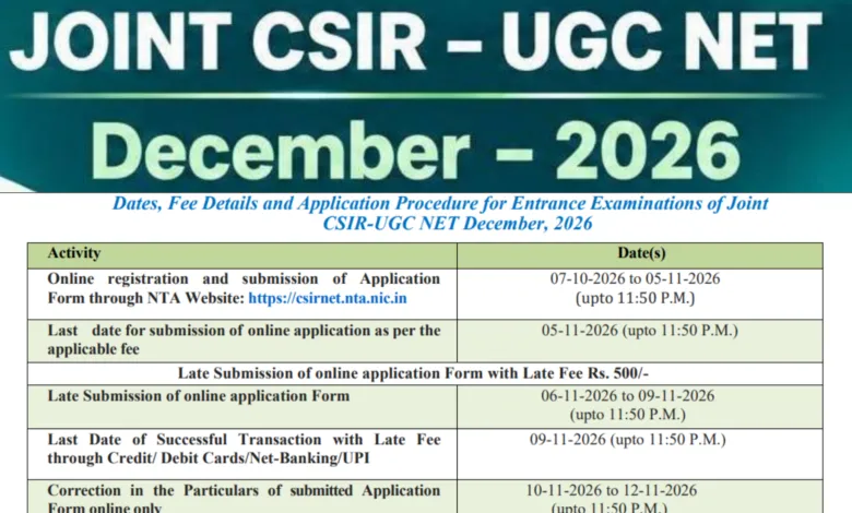 NTA CSIR-UGC NET December 2026 Notification Released & Apply Online