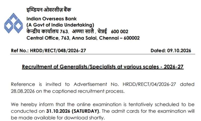 Indian Overseas Bank Specialist Officer (291 Posts) Exam Date & Admit Card 2026 Released, Check Now