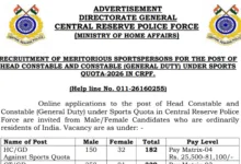 CRPF Constable & Head Constable (Sports Quota) Recruitment 2026 Notification Released for 521 Posts, Apply Online