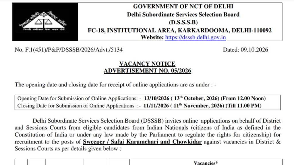 Delhi DSSSB Sweeper & Chowkidar Recruitment 2026 Notification Released, Apply Online