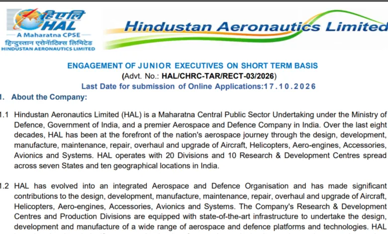 HAL Junior Executive Recruitment 2026 Notification Released for 150 Posts, Apply Online