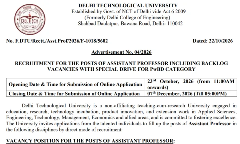 Delhi DTU Assistant Professor Recruitment 2026 Notification Released for 219 Posts, Apply Online