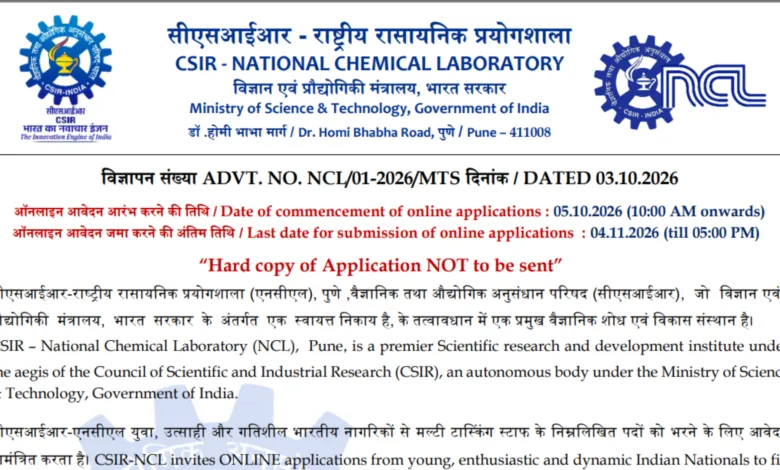 CSIR-NCL Multi-Tasking Staff (MTS) Recruitment 2026 Notification Released & Apply Online